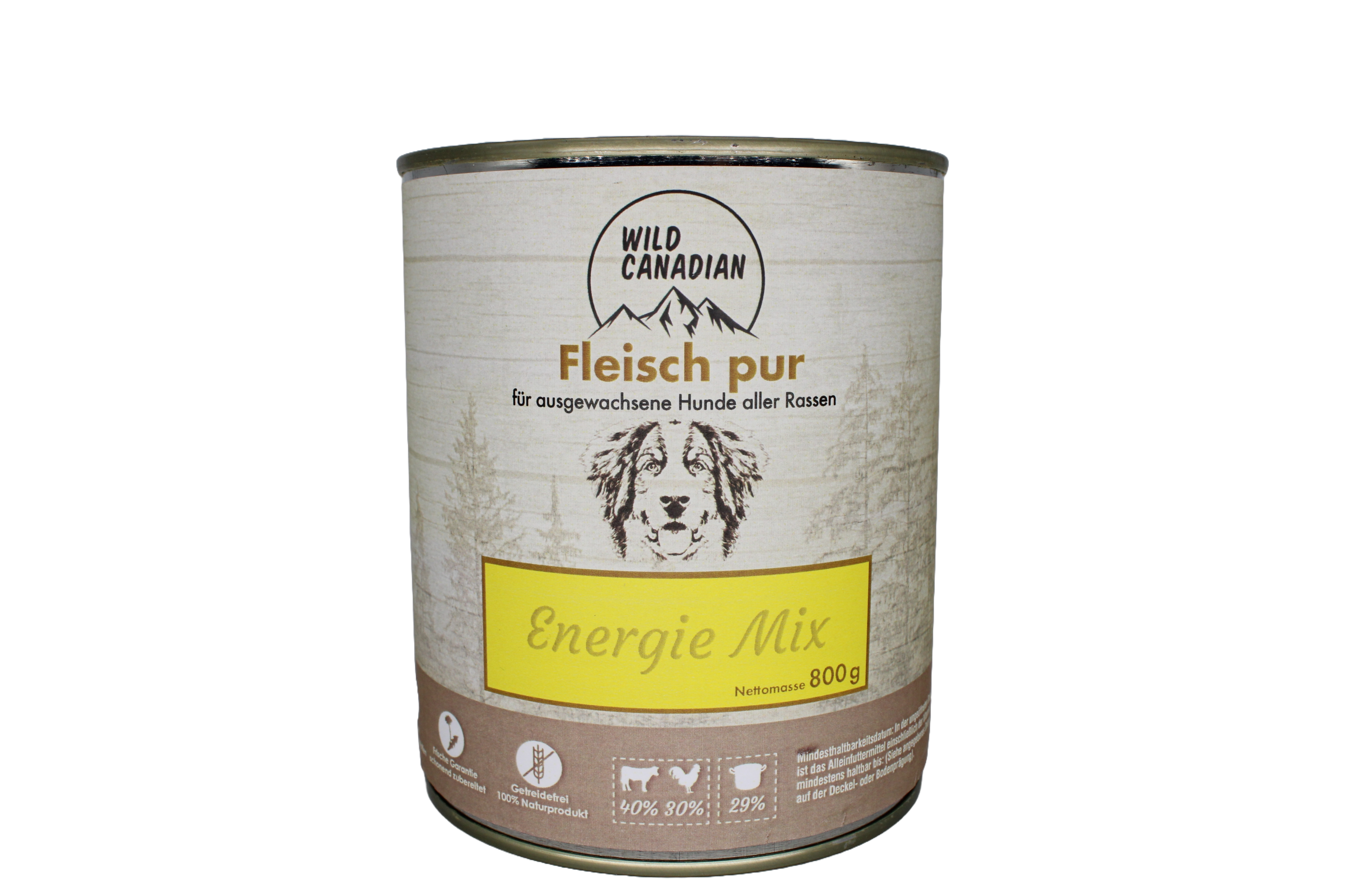 Eine Hundefutterdose mit beigem Etikett und der Aufschrift „Energie Mix“. Unten sind Symbolbilder von Rind, Geflügel und Becher auf braunem Hintergrund abgebildet.