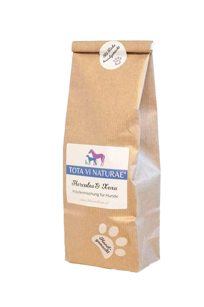 Braune Papiertüte mit Etikett, darauf Illustration eines lilafarbenen Pferdes, eines blauen Hundes und einer blauen Katze, unten weiße Pfote mit Schriftzug.