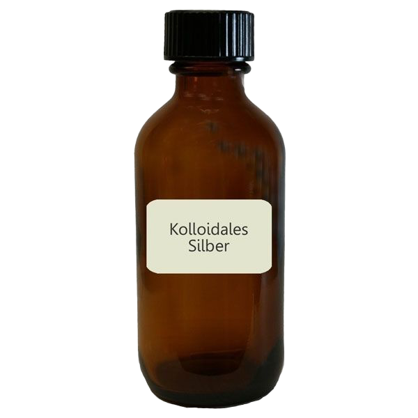 Eine braune Glasflasche mit schwarzem Schraubverschluss. Auf dem weißen Etikett steht ‚Kolloidales Silber‘.