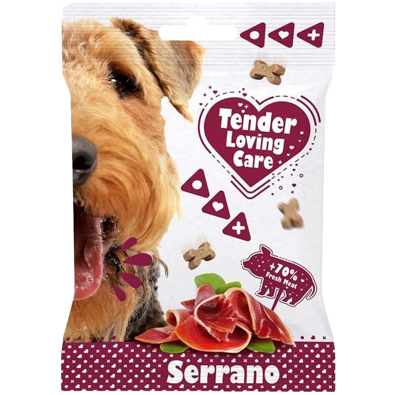 Verpackung mit Hundegesicht links, rosa Herzsymbol, stilisierten Knochen und geometrischen Formen auf hellem Hintergrund mit Akzenten in Rosa und Braun.
