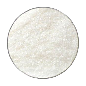 Ein kreisförmig ausgeschnittener Blick auf ein weißes Pulver mit kristalliner, leicht körniger Struktur. Der Bildhintergrund ist nicht sichtbar.