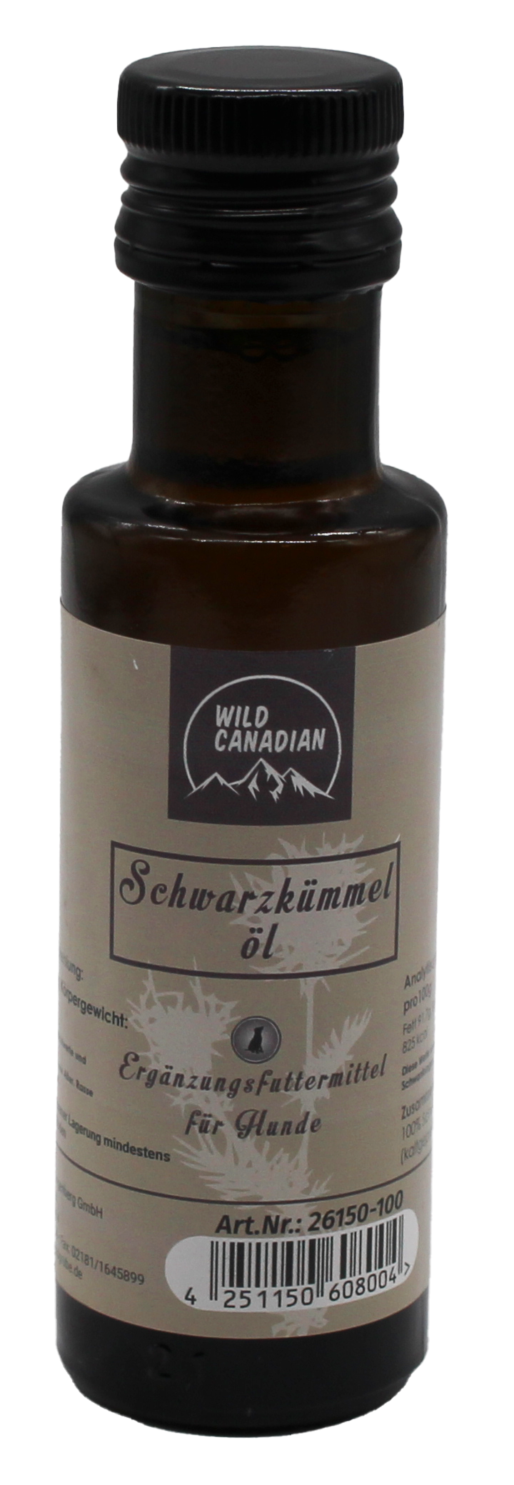 Eine kleine braune Glasflasche mit schwarzem Schraubverschluss und beigem Etikett mit der Aufschrift „Wild Canadian Schwarzkümmelöl“. Ergänzungsfuttermittel für Hunde.