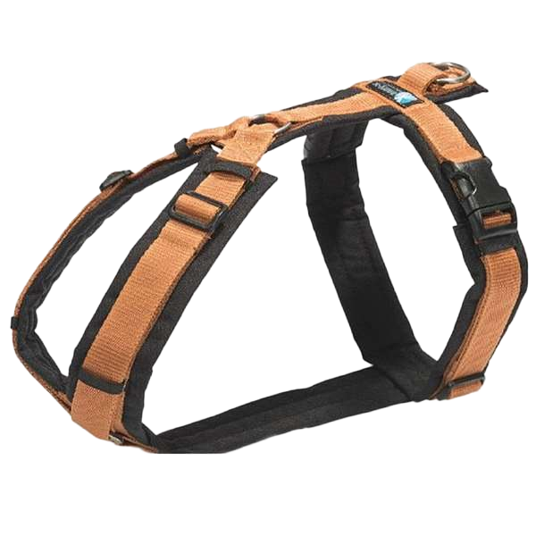 Braun/Bernstein farbendes Hundegeschirr mit schwarzer Polsterung und verstellbaren Riemen. Oben befindet sich ein Metallring zur Leinenbefestigung.