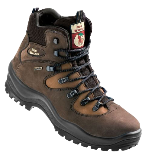 Brauner Wanderschuh mit schwarzer Sohle und Schnürung, Logo „Dog Walker“ mit Symbol einer Person mit Hund auf der Zunge.