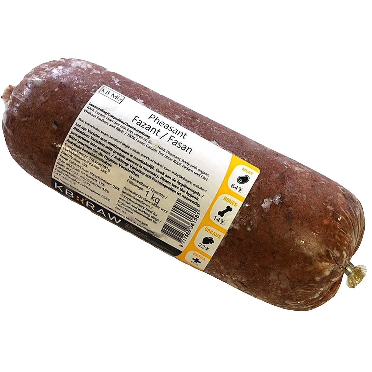 Eine Frostfleischrolle mit weißem Etikett und der Aufschrift „Pheasant / Fazant / Fasan“. Verpackt in einem nicht essbaren Kunstdarm. Die Füllung ist dunkelrotbraun und fein gewolft.