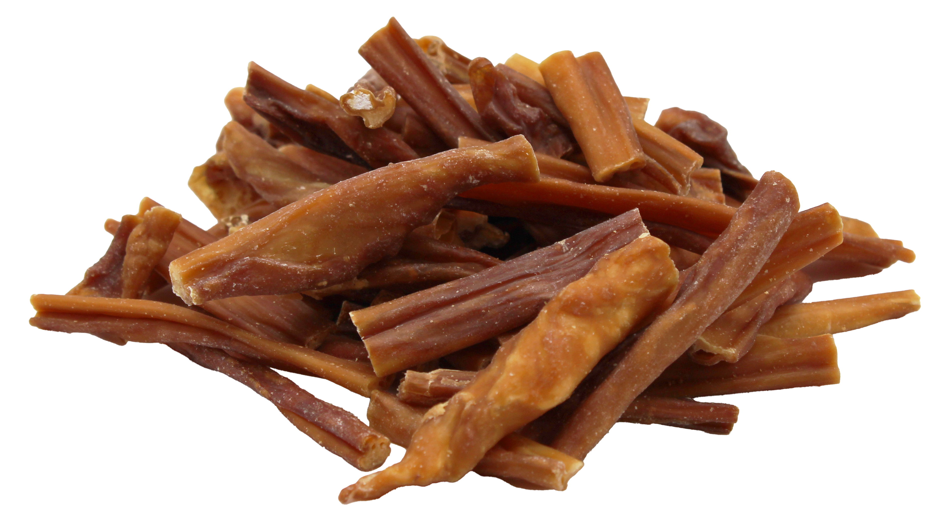 Ein Haufen getrockneter Schweinedarm Sticks in rötlich Brauner Farbe.