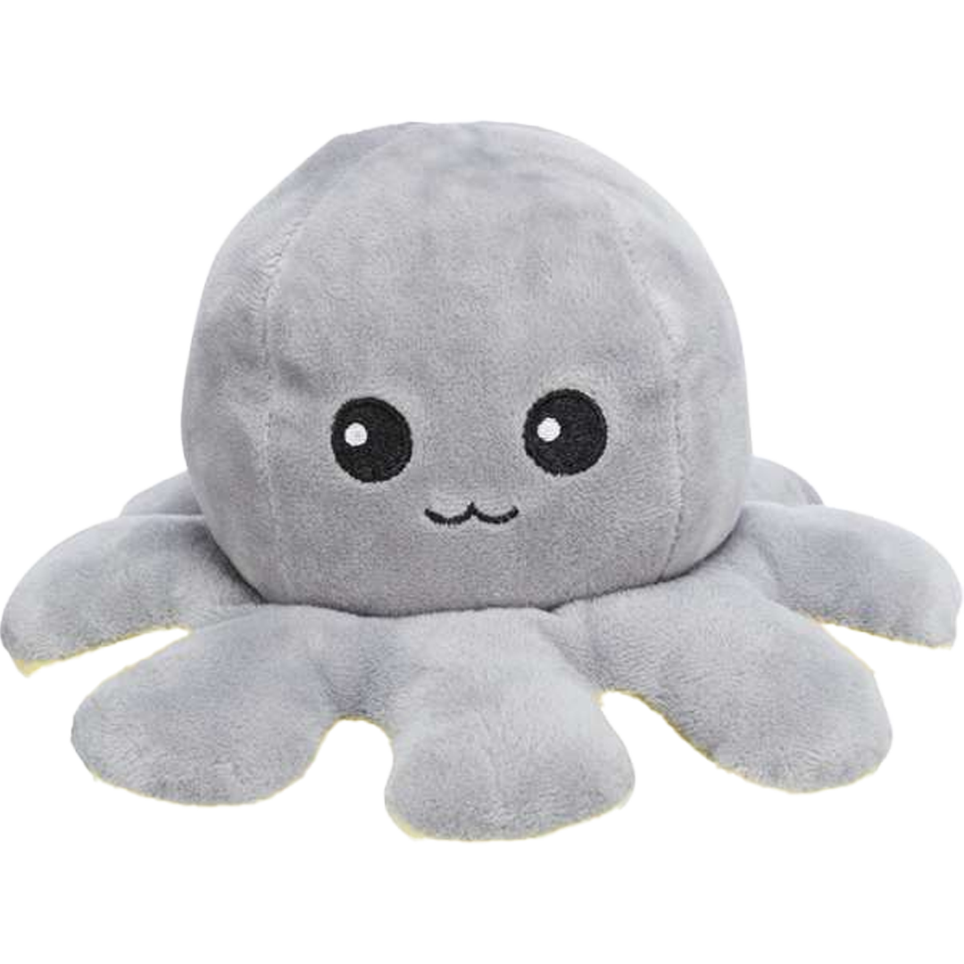Grauer Plüsch-Oktopus mit acht Tentakeln, gelber Unterseite, großen schwarzen Augen und kleinem Lächeln; weiche, samtige Oberfläche.