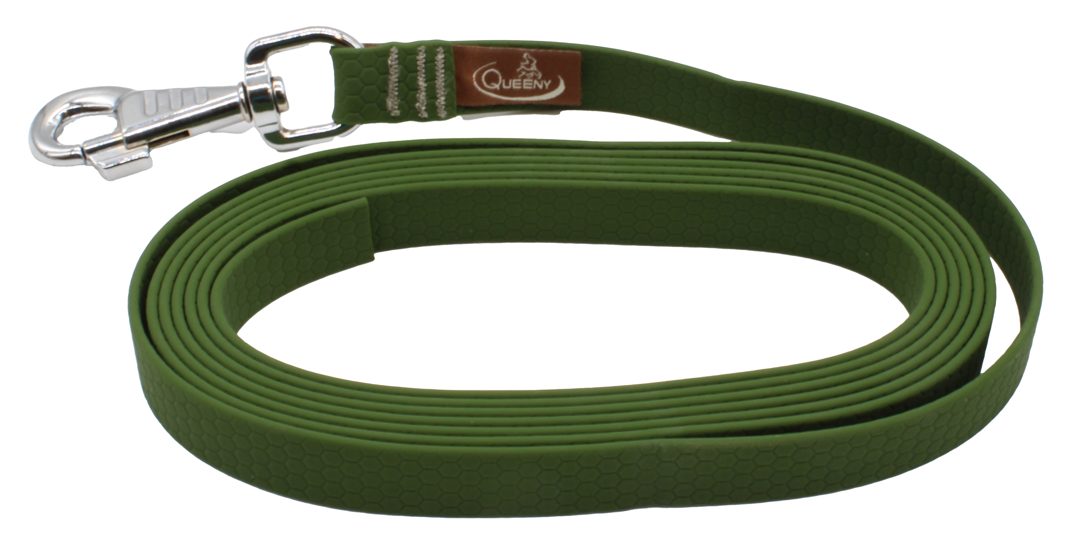 Hundeleine in Olivgrüner Farbe mit strukturierter Oberfläche, Metallkarabiner am Ende und kleinem Label nahe dem Verschluss.