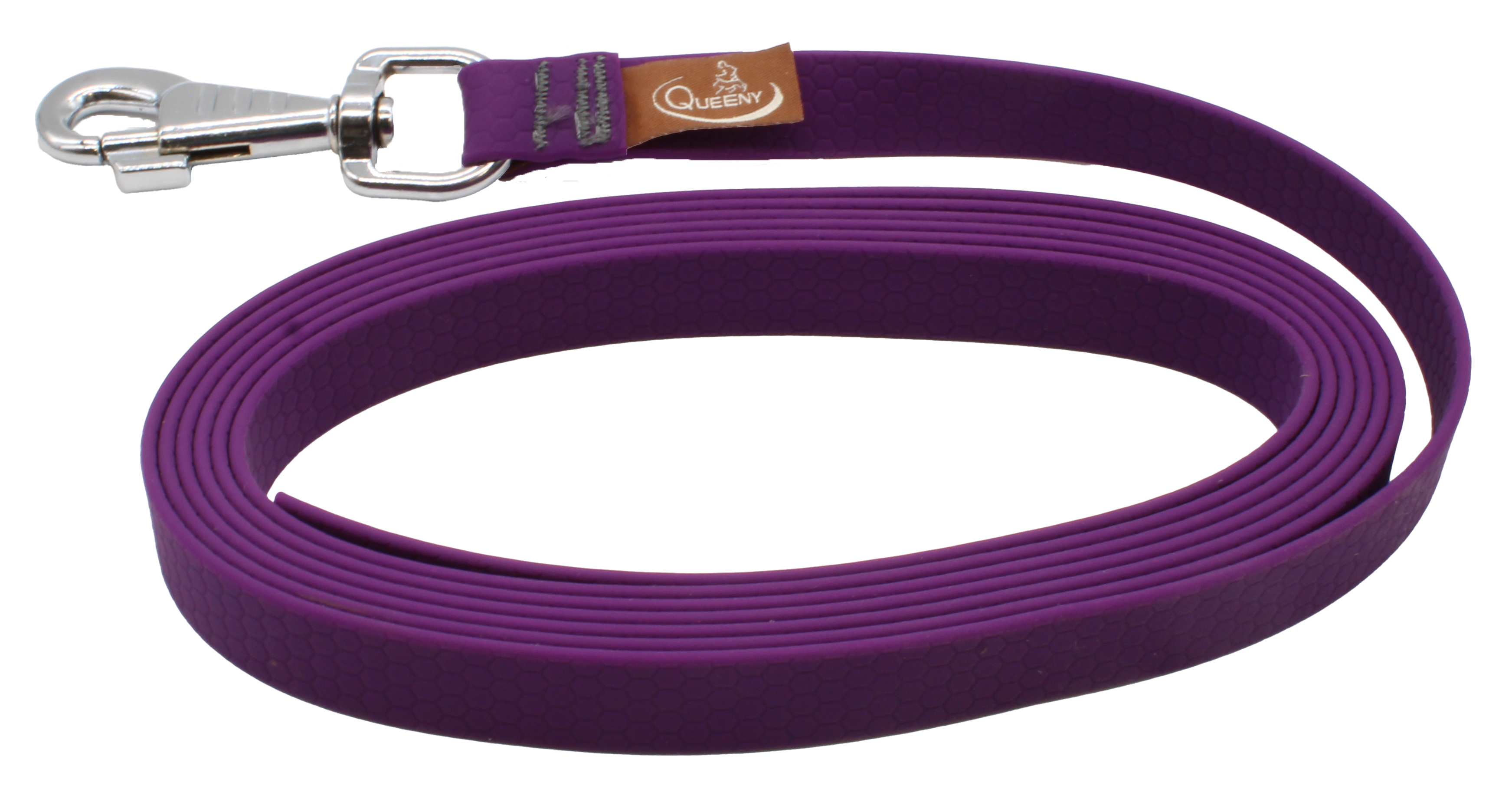 Hundeleine in Lila Farbe mit strukturierter Oberfläche, Metallkarabiner am Ende und kleinem Label nahe dem Verschluss.