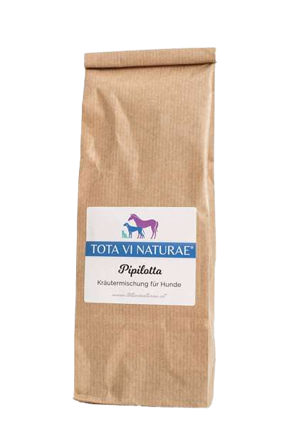 Braune Papiertüte mit Etikett, darauf Illustration eines lilafarbenen Pferdes, eines blauen Hundes und einer blauen Katze, unten weiße Pfote mit Schriftzug.