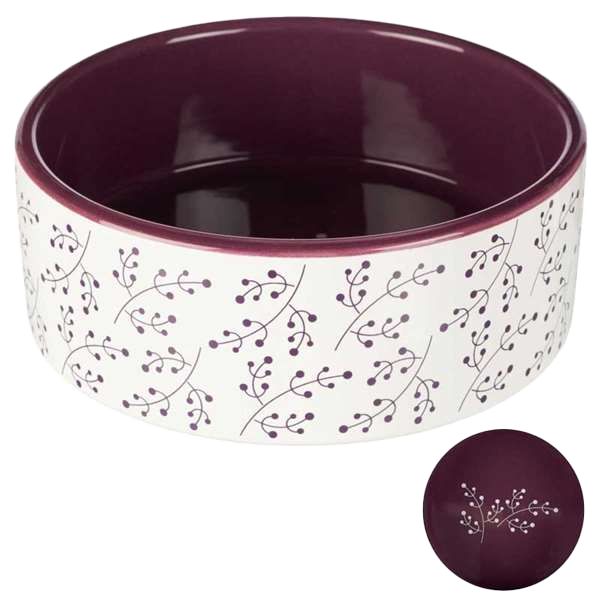 Runde Keramikschale mit weißer Außenseite, verziert mit lila Beerenzweigen, innen tiefviolett mit passendem Muster am Boden.