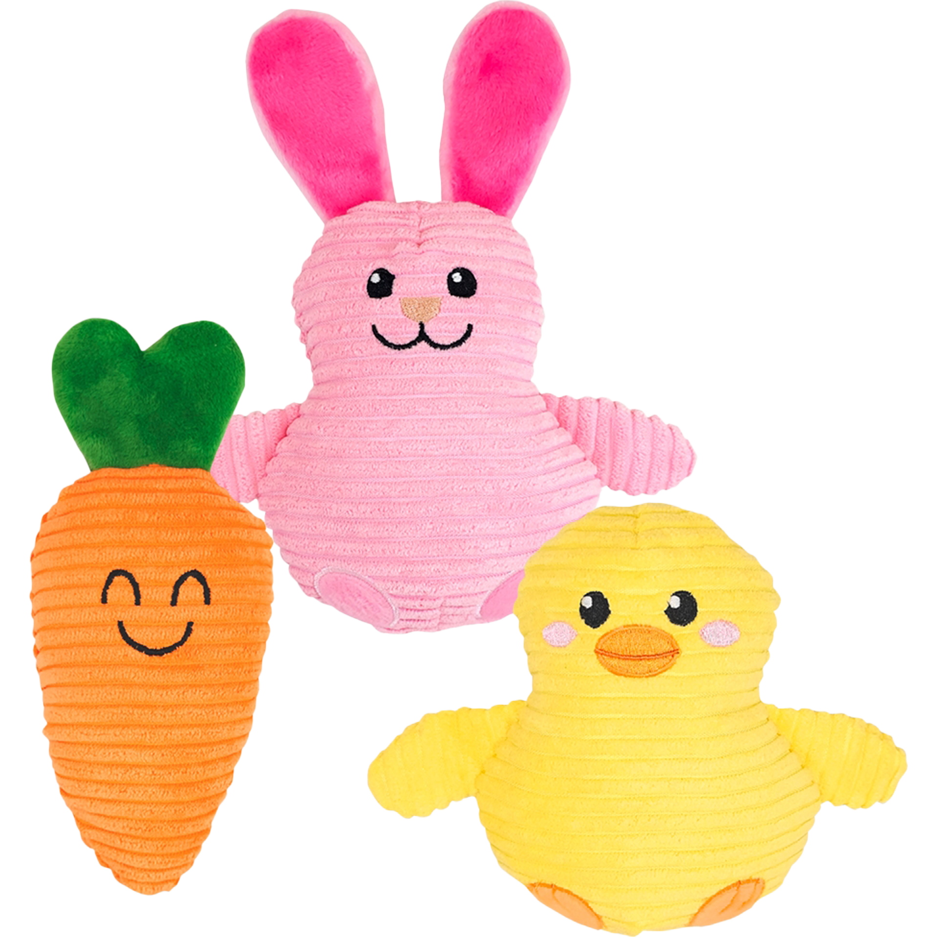 Drei gerippte Plüschspielzeuge: ein rosa Hase mit langen Ohren, ein gelbes Küken mit orangem Schnabel und eine orange Karotte mit grünem Blatt, jeweils mit gesticktem Gesicht.