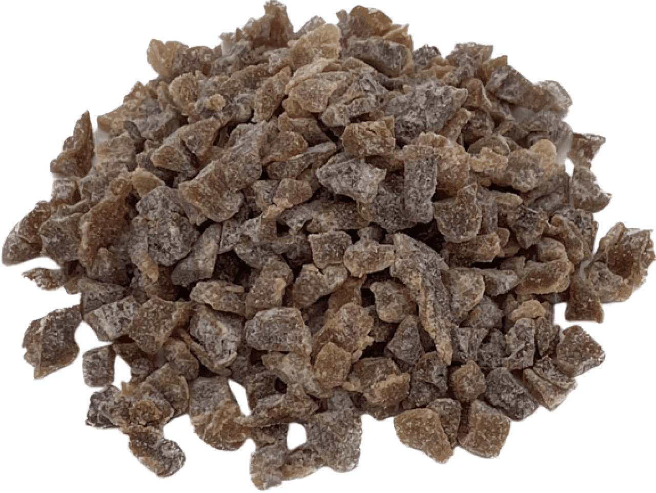 Birnenwürfel 500g Ein Haufen getrockneter Birnenwürfel in bräunlicher Farbe mit leicht unregelmäßiger, kantiger Struktur. Die Oberfläche wirkt matt und etwas mehlig.