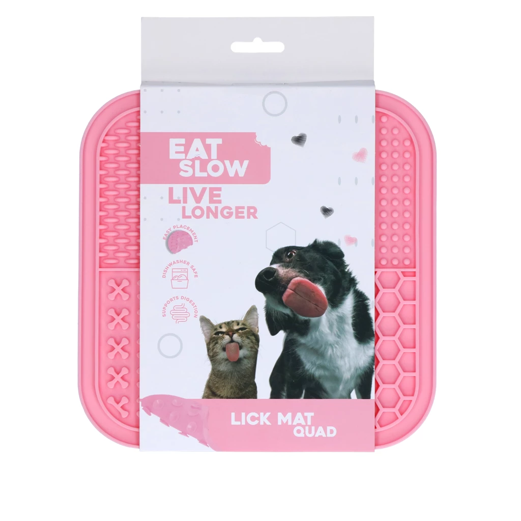 Rosa Schleckmatte ‚Eat Slow Live Longer – Lick Mat Quad‘ für Hunde und Katzen, in Verpackung mit Tierabbildungen und Hinweisen zu Zahnpflege, Anwendung und Verdauungsförderung.