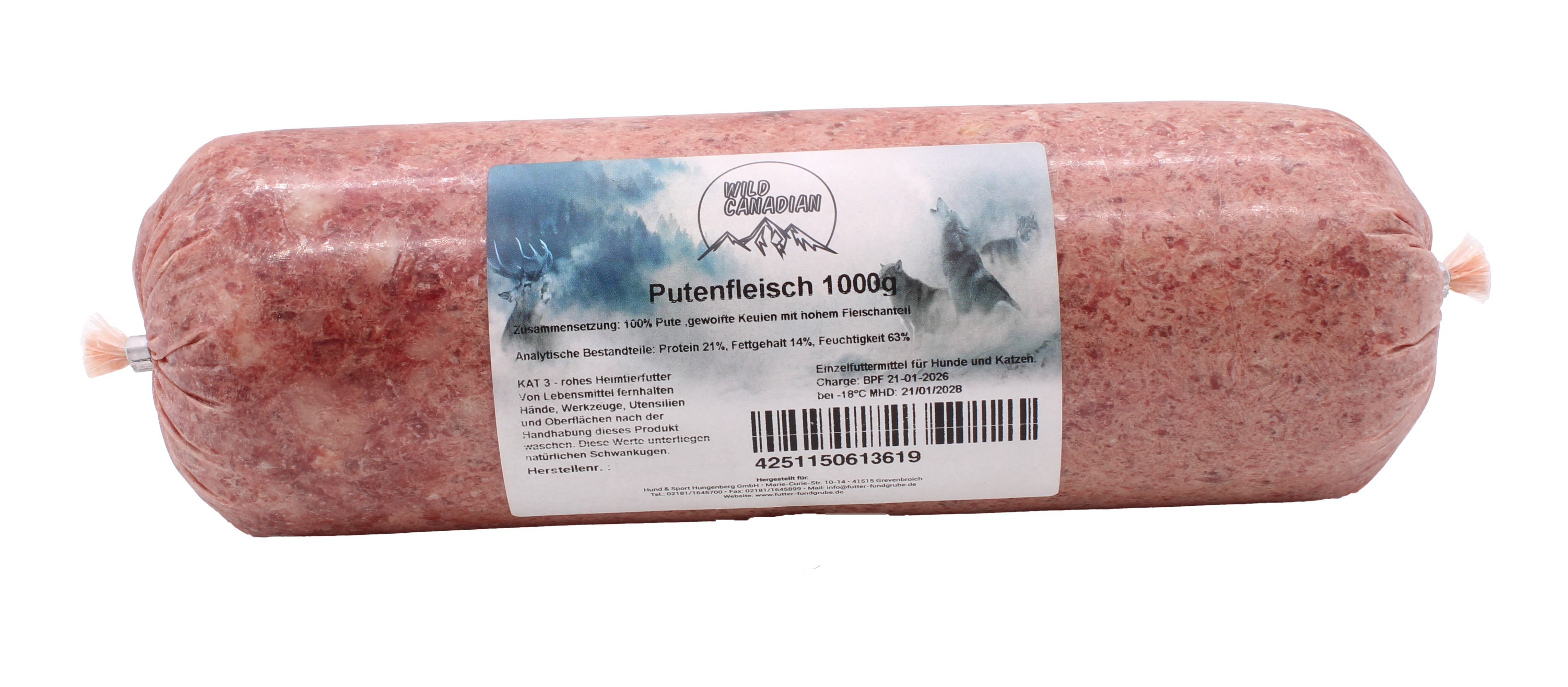 Ein flacher Kunststoffbeutel mit der Aufschrift „Putenfleisch“, gefüllt mit feinem, rötlich-braunem Putenfleisch in gleichmäßiger Struktur, Etikett weiß-rot.