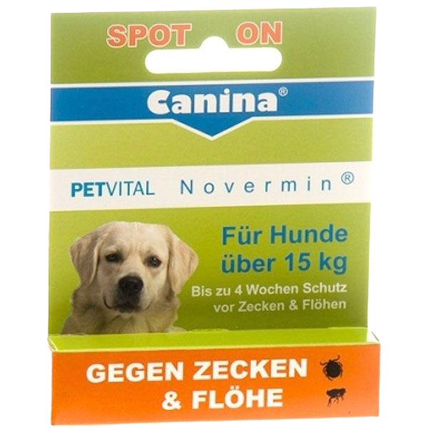 Verpackung mit Aufschrift „Canina PETVITAL Novermin – Für Hunde über 15 kg“. Text: „Spot-on gegen Zecken & Flöhe – bis zu 4 Wochen Schutz“.