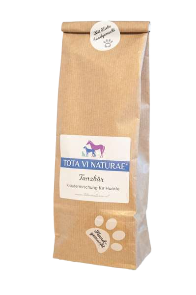 Braune Papiertüte mit Etikett, darauf Illustration eines lilafarbenen Pferdes, eines blauen Hundes und einer blauen Katze, unten weiße Pfote mit Schriftzug.