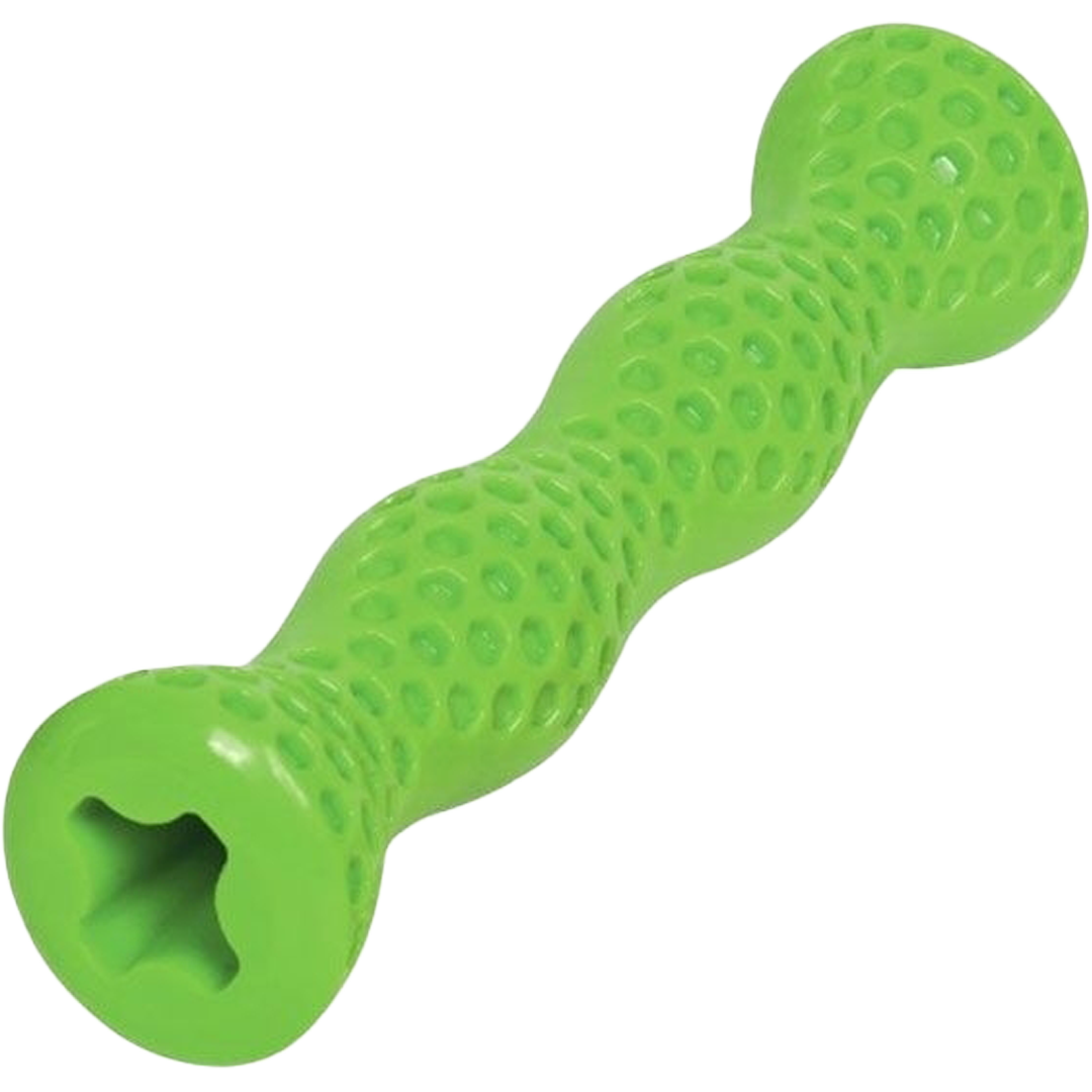 Grünes, zylindrisches Objekt mit welliger Form und strukturierter Oberfläche, an einem Ende sternförmige Öffnung.