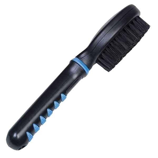 Schwarze Bürste mit dicht stehenden Borsten und blauem Griff mit strukturierten Rillen für besseren Halt.