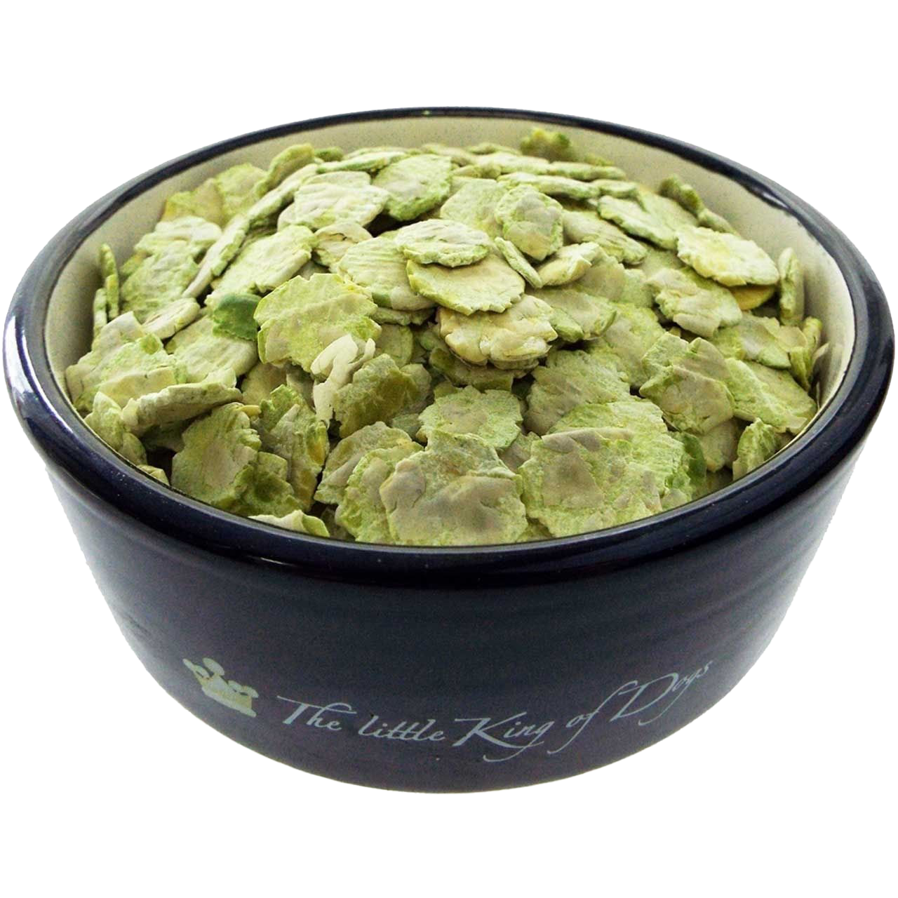 Grünlich-beige Erbsenflocken in flockiger, flach gepresster Form in einem schwarzen Napf mit hellem Innenrand, locker aufgeschichtet.