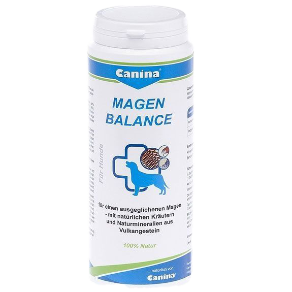Weiße Dose mit blau-grüner Aufschrift „Canina MAGEN BALANCE – Für Hunde“. Text zu Magenbalance mit Kräutern und Naturmineralien aus Vulkangestein.