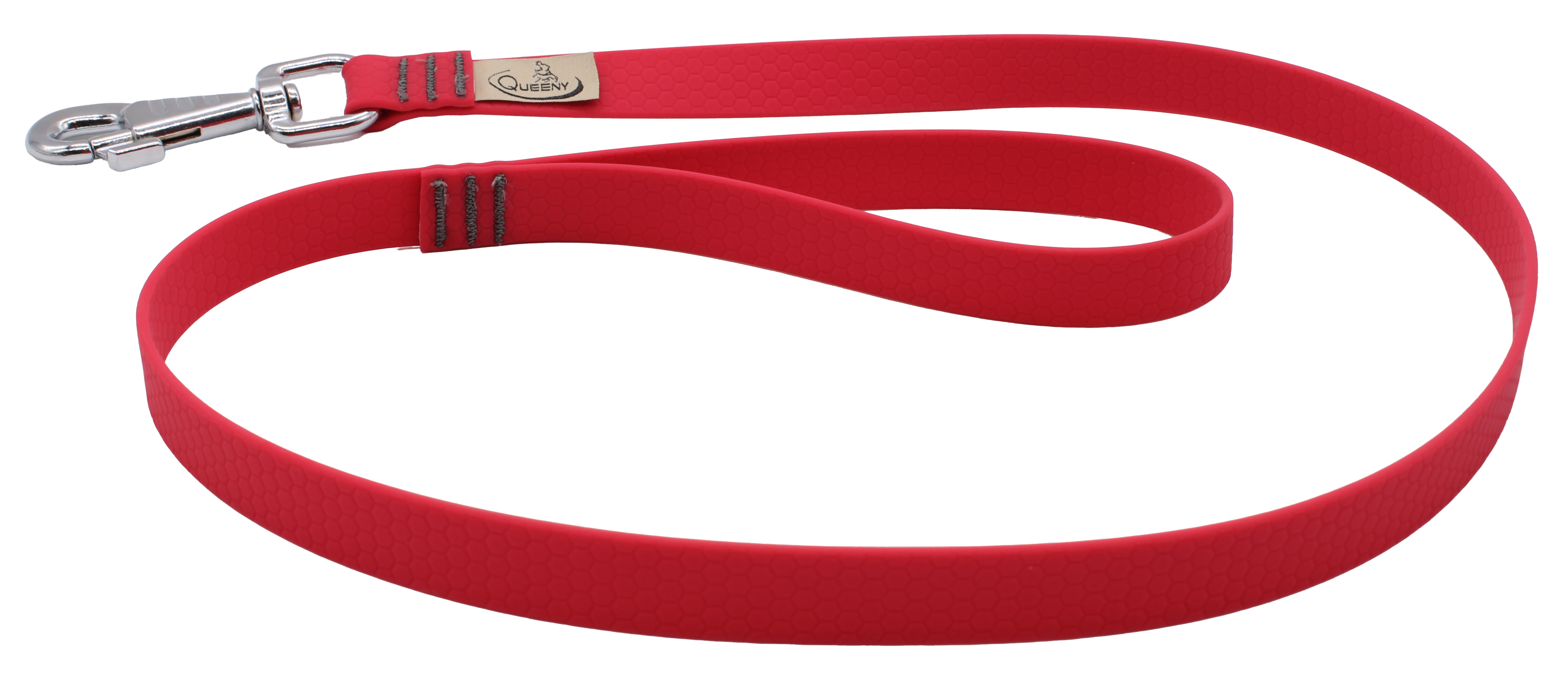 Hundeleine in Magenta mit strukturierter Oberfläche, Metallkarabiner am Ende und kleinem Label nahe dem Verschluss.