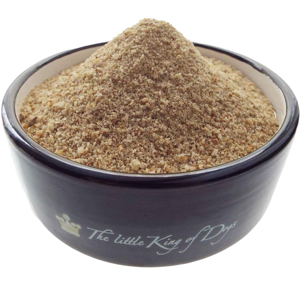 Ein schwarzer Keramiknapf mit hellbraunem, mittelgrob gemahlenem Pulver mit sichtbaren hellen und dunklen Partikeln.