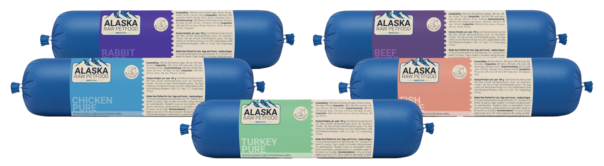 Mehrere blaue Frostfleischrollen mit farbigen Etiketten für Rabbit, Beef, Chicken Pure, Fish und Turkey Pure; jeweils im blauen Kunstdarm mit seitlicher Produktbanderole.