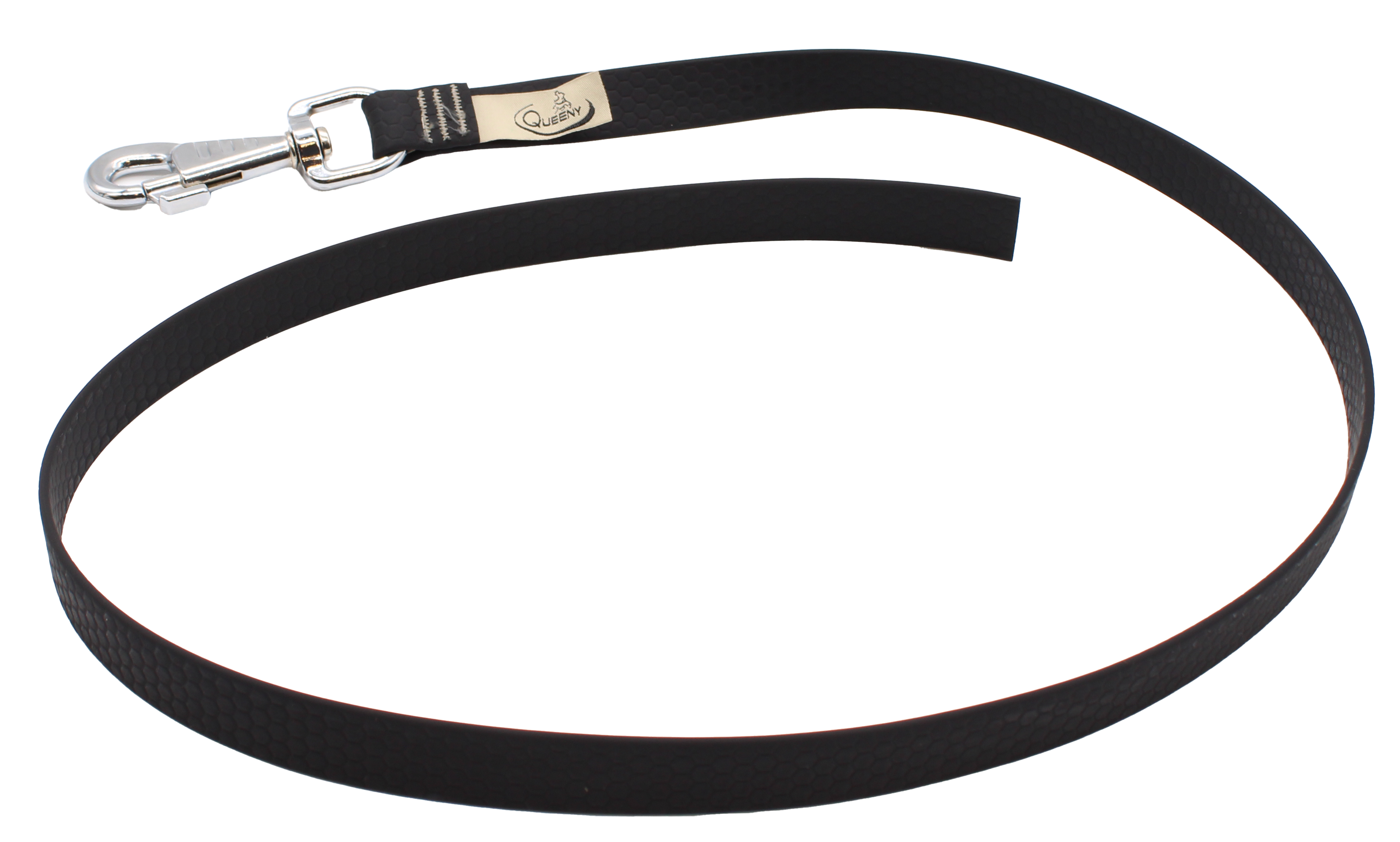 Hundeleine in schwarzer Farbe mit strukturierter Oberfläche, Metallkarabiner am Ende und kleinem Label nahe dem Verschluss.