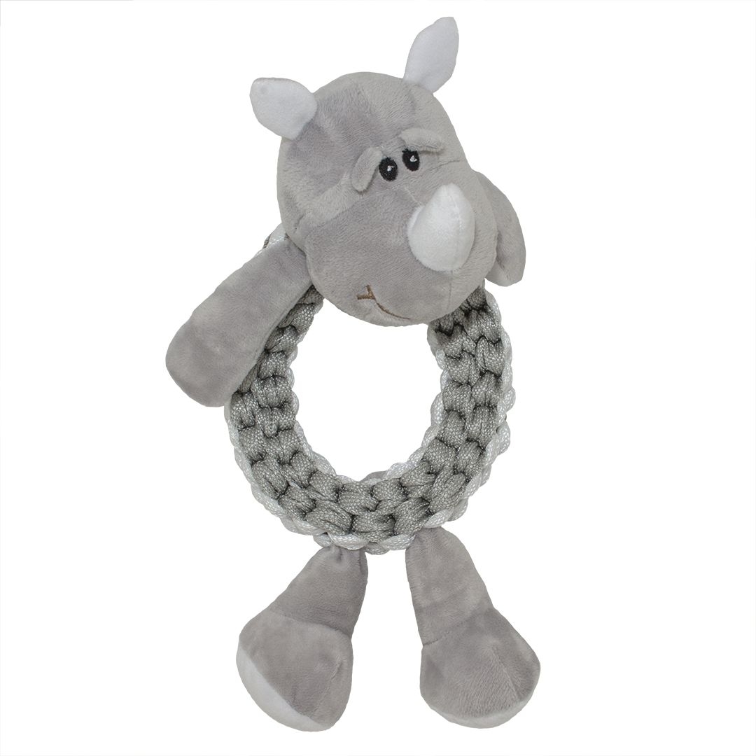  Hundespielzeug in Nashornform mit grauem Plüschkopf, kleinem Horn, runden Ohren und geflochtenem Seilkörper in Grau mit zwei Plüschbeinen.