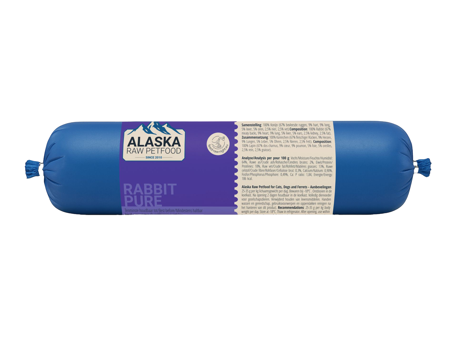 Eine blaue Frostfleischrolle mit violettem Etikett ‚Rabbit Pure‘, verpackt in nicht essbarem Kunstdarm; rechts befindet sich ein beiges Informationsetikett mit Text.