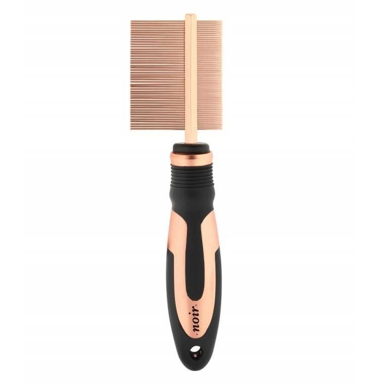 Haustierkamm mit schwarzem und roségoldenem Griff, zwei Reihen feiner Metallzinken, ergonomisch geformt zum Entwirren und Entfernen loser Haare.