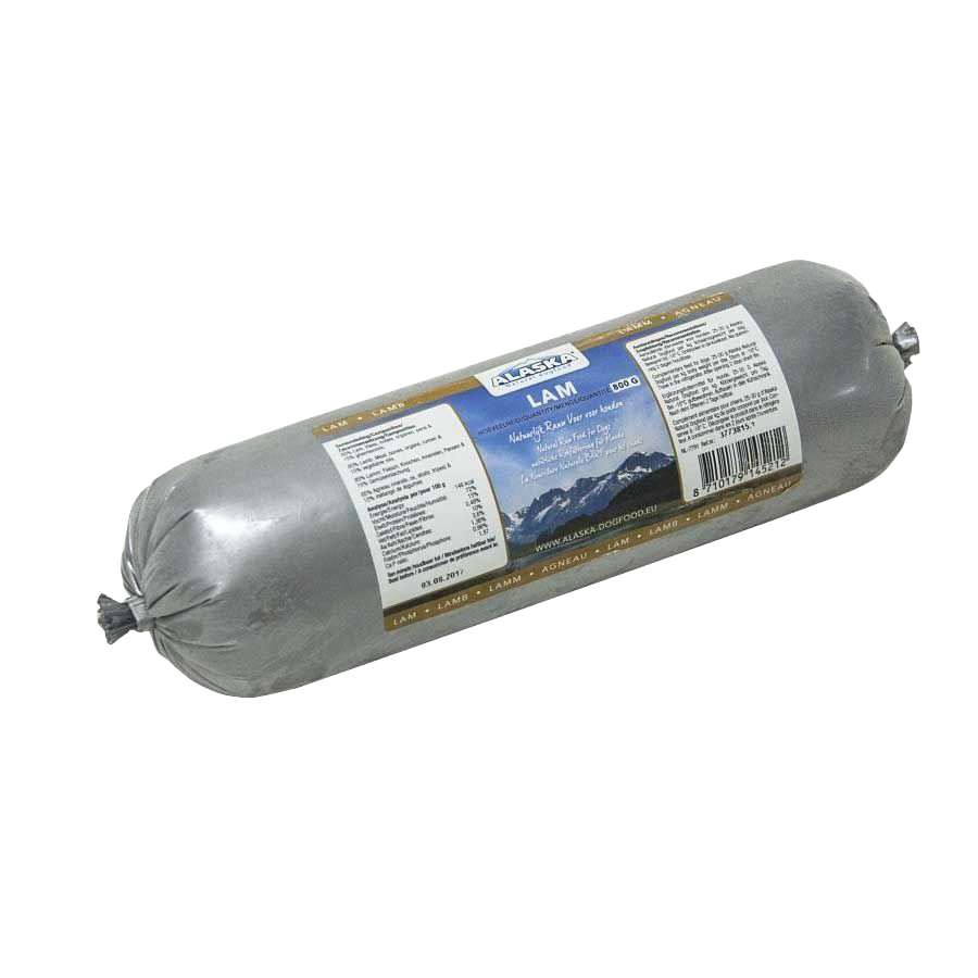 Eine Frostfleischrolle mit silberner Hülle und dem blauen Etikett „LAM“. Verpackt in einem nicht essbaren Kunstdarm. Die Füllung ist nicht sichtbar.