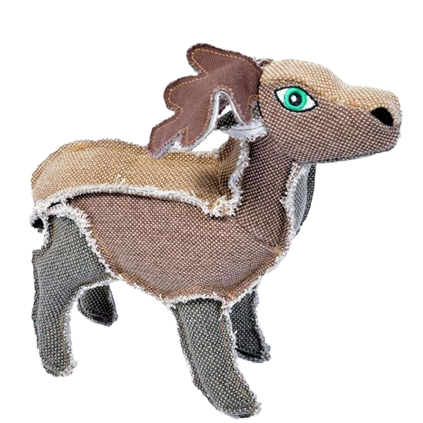 Stoff-Hundespielzeug in Form eines Hirsches mit braun-grauen Texturen, grünen Augen, dunklen Geweihen und sichtbaren Nähten.