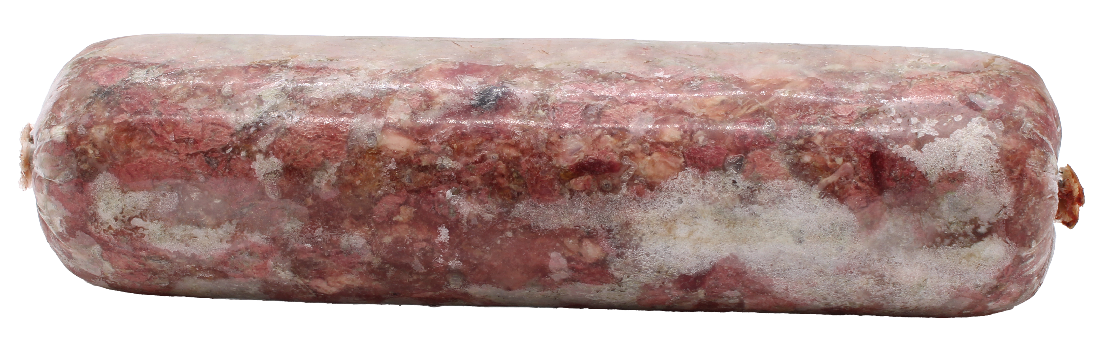 Lamm-Mix Supreme 7 x 1000g Eine Frostfleischrolle mit grob gewolftem, rot-rosa Inhalt, durchzogen von weißen Fettanteilen und Gefrierstellen. Oberfläche unregelmäßig und matt-glänzend. Verpackt in nicht essbarem Kunstdarm.