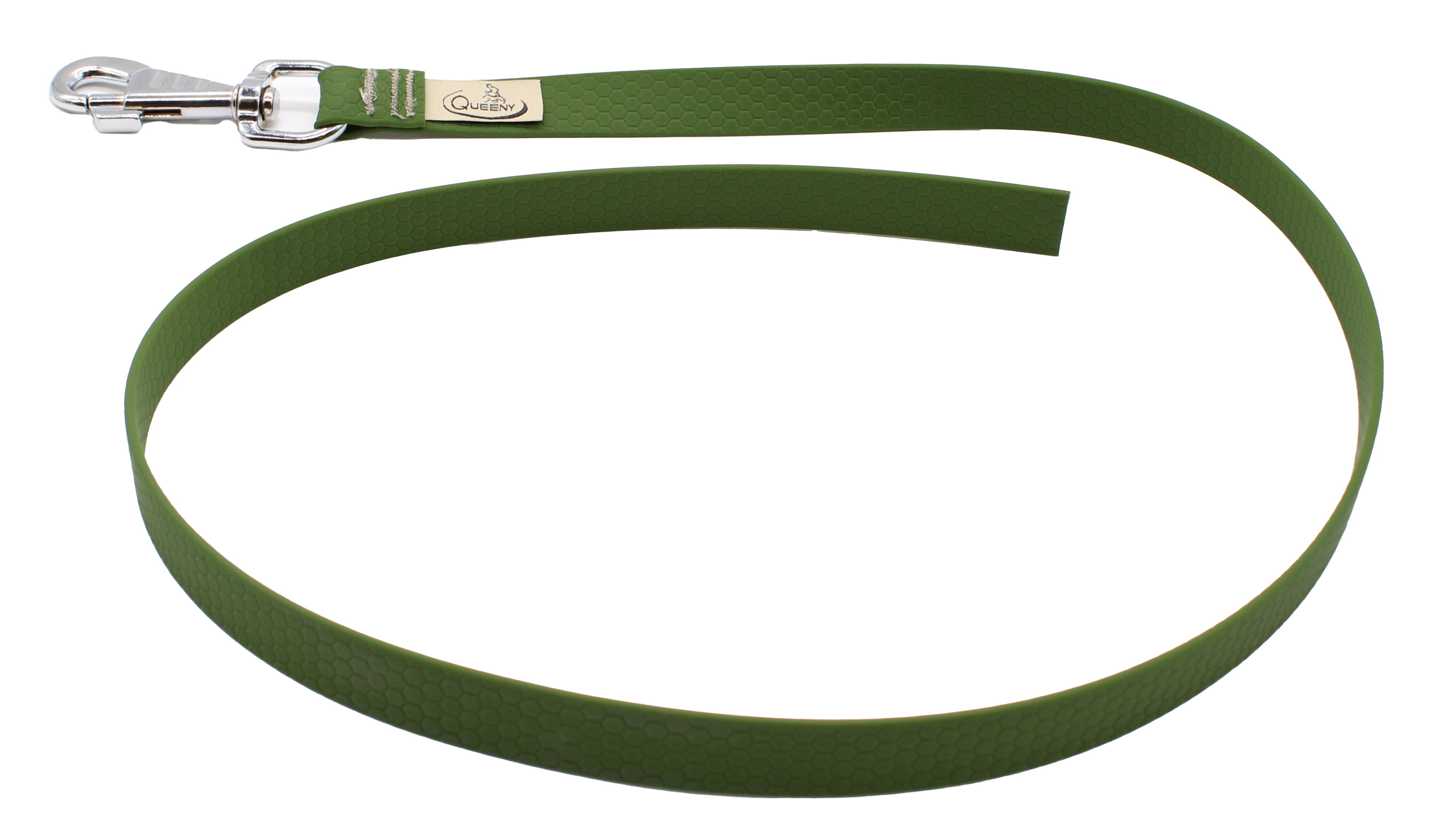 Hundeleine in olivgrün Farbe mit strukturierter Oberfläche, Metallkarabiner am Ende und kleinem Label nahe dem Verschluss.