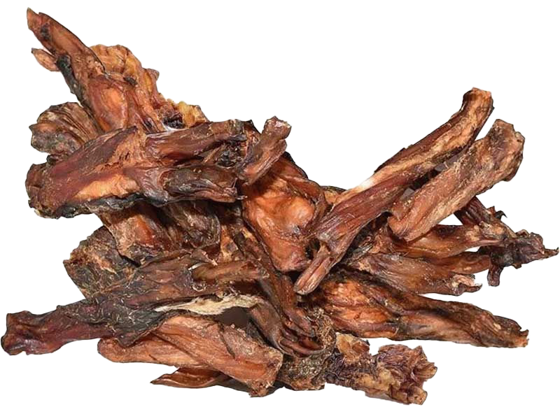 Mehrere getrocknete, flach geschlungene Sehnenstücke mit faseriger Oberfläche in verschiedenen Brauntönen, unregelmäßig geformt, auf weißem Hintergrund angeordnet.