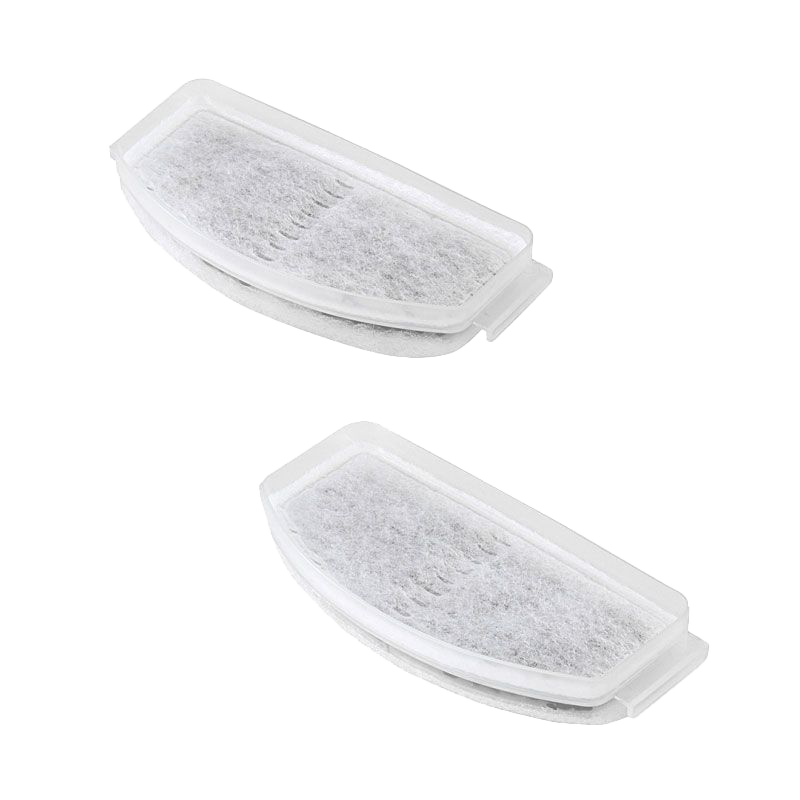 Zwei rechteckige Ersatzfilter mit abgerundeten Ecken für Trinkbrunnen. Weißes, faseriges Filtermaterial in transparenter Kunststofffassung.