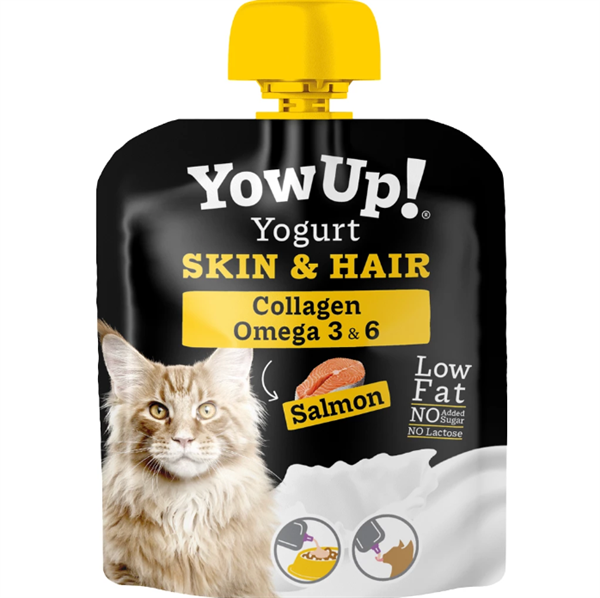 Verpackung mit einer flauschigen, hellbraunen Katze mit grünen Augen. Schwarzer Hintergrund, gelber Verschluss, Lachsabbildung und drei kleine Futtersymbole unten rechts.