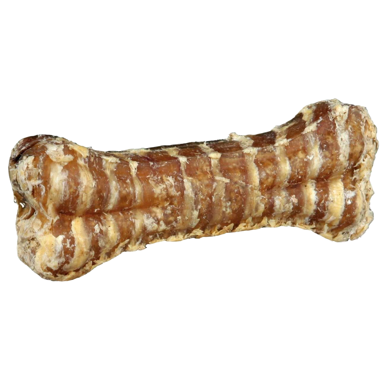 Großer, brauner Kauknochen mit strukturierter Oberfläche und sichtbaren Schichten. Die Form ist länglich und an den Enden leicht verdickt.