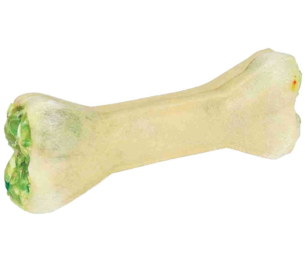 Beigefarbener Kauknochen mit glatter Oberfläche und grünem Füllmaterial an einem Ende. Die Form ist länglich mit leicht verdickten Enden.