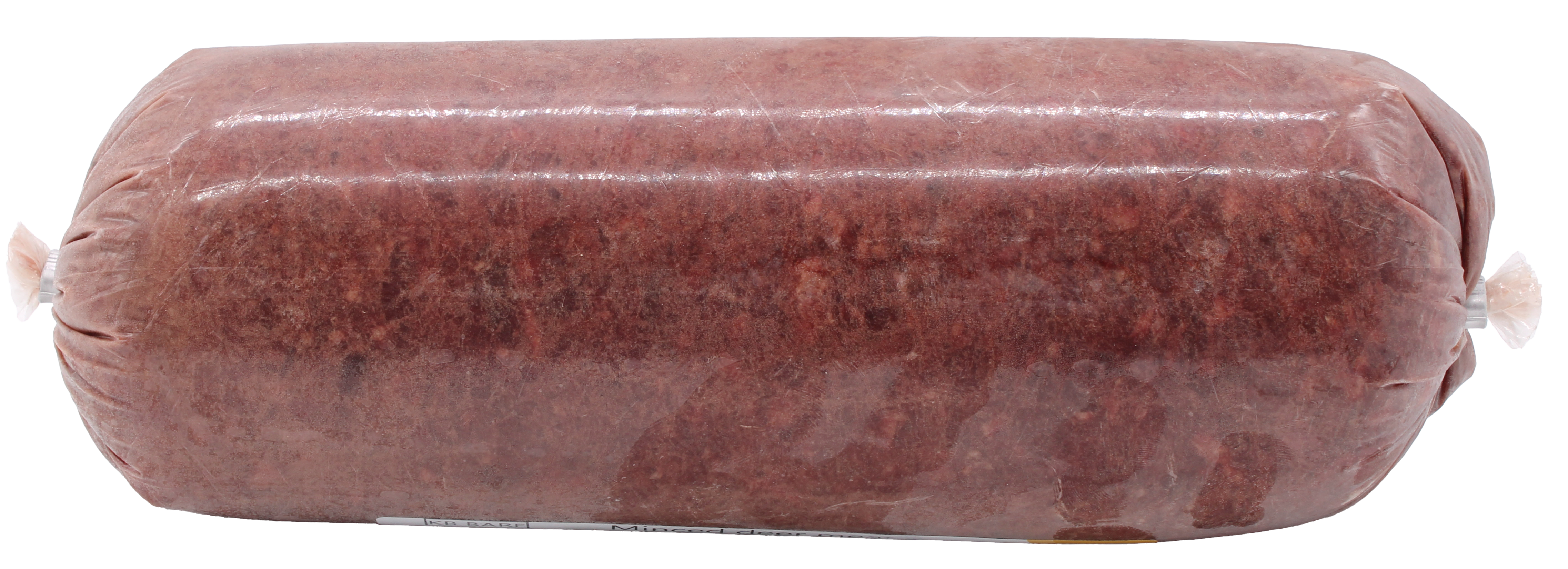 Eine Frostfleischrolle mit gleichmäßig hellbraun-rotem, fein gewolftem Inhalt und glatter, leicht glänzender Oberfläche. Die Rolle ist zylindrisch geformt und in nicht essbarem Kunstdarm verpackt.