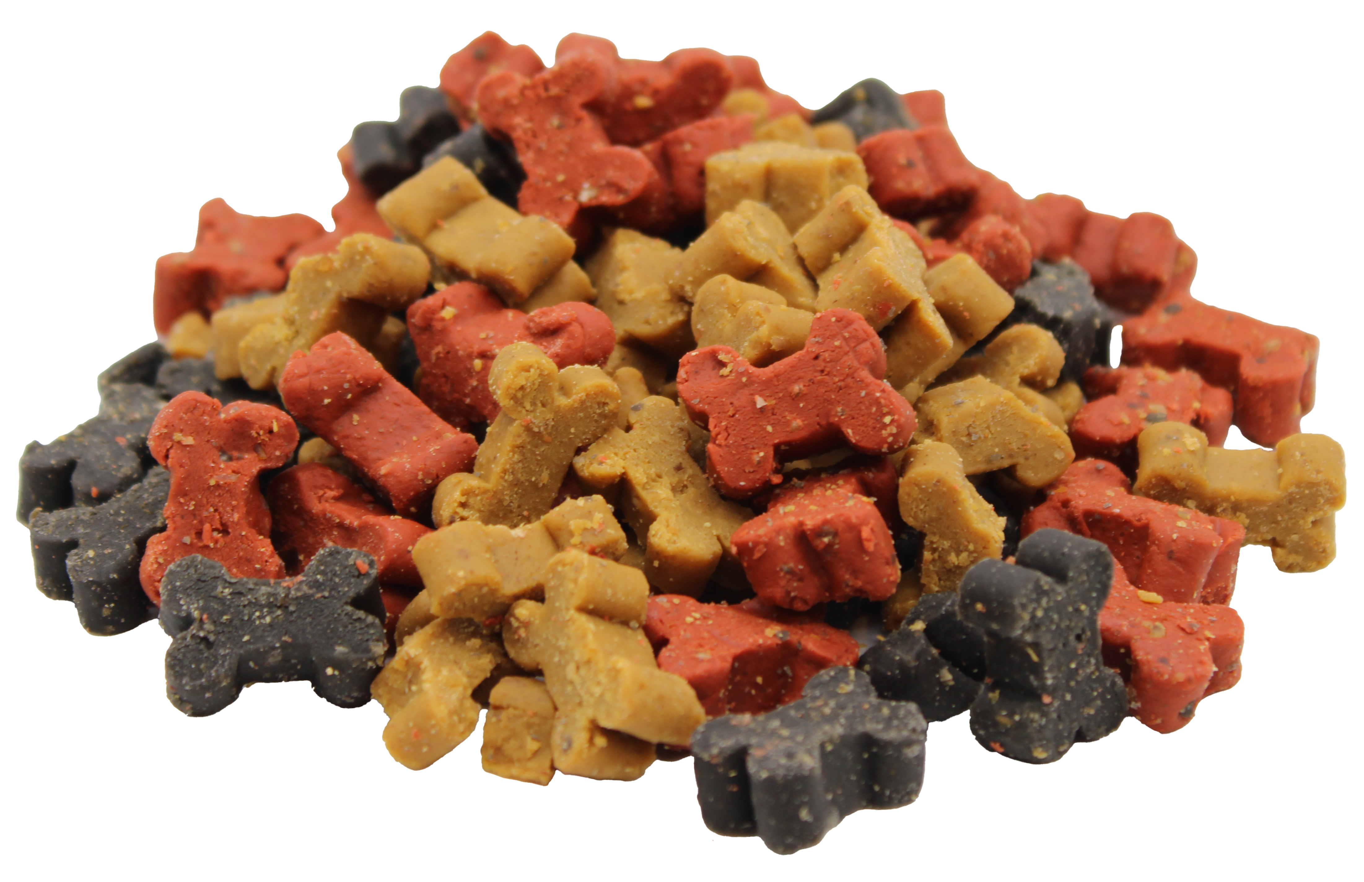 Knochenförmige Hunde-Leckerlis in gemischten Farben: gelb, rot und dunkelgrau. Die Snacks wirken weich 