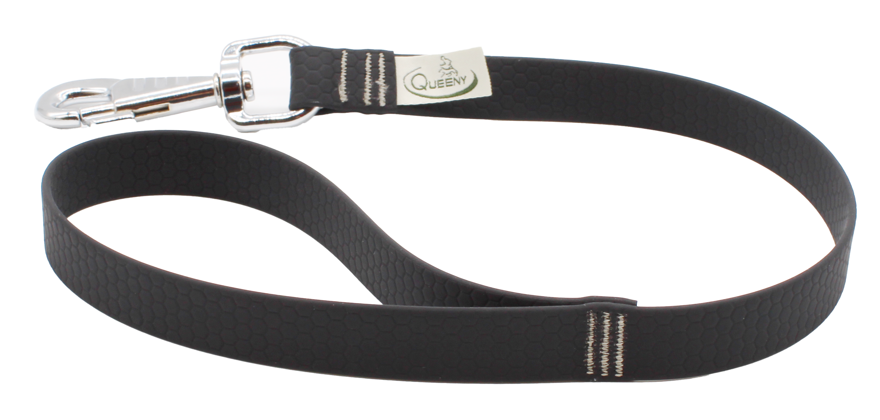 Hundeleine in Schwarz mit strukturierter Oberfläche, Metallkarabiner am Ende und kleinem Label nahe dem Verschluss.