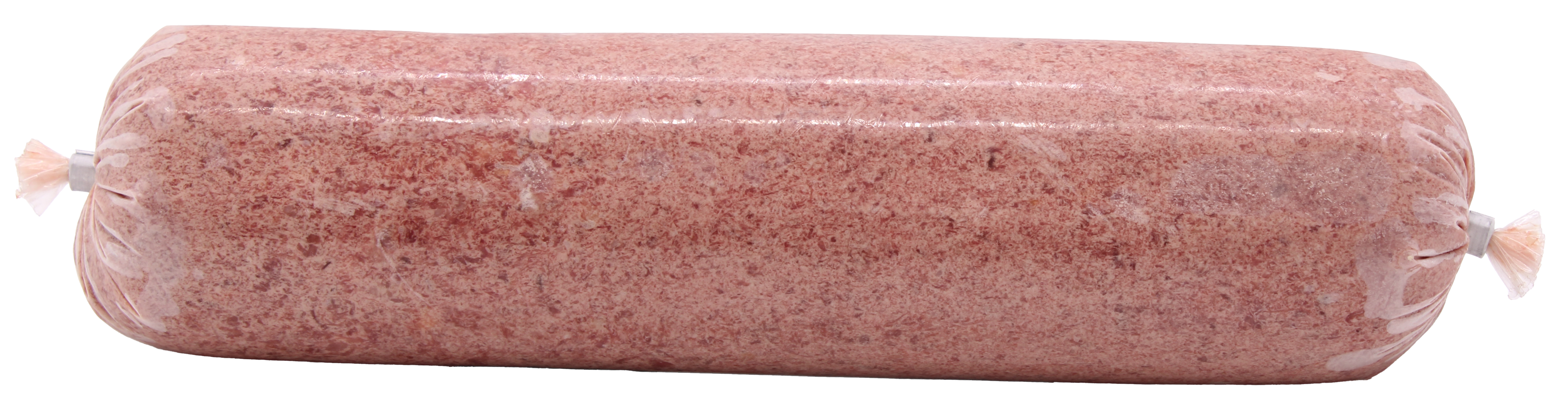 Eine Frostfleischrolle ohne Etikett, verpackt in einem durchsichtigen Kunstdarm. Die Füllung ist fein gewolft und zeigt eine gleichmäßig rosa bis hellrote Fleischmasse mit leicht marmorierter Struktur.