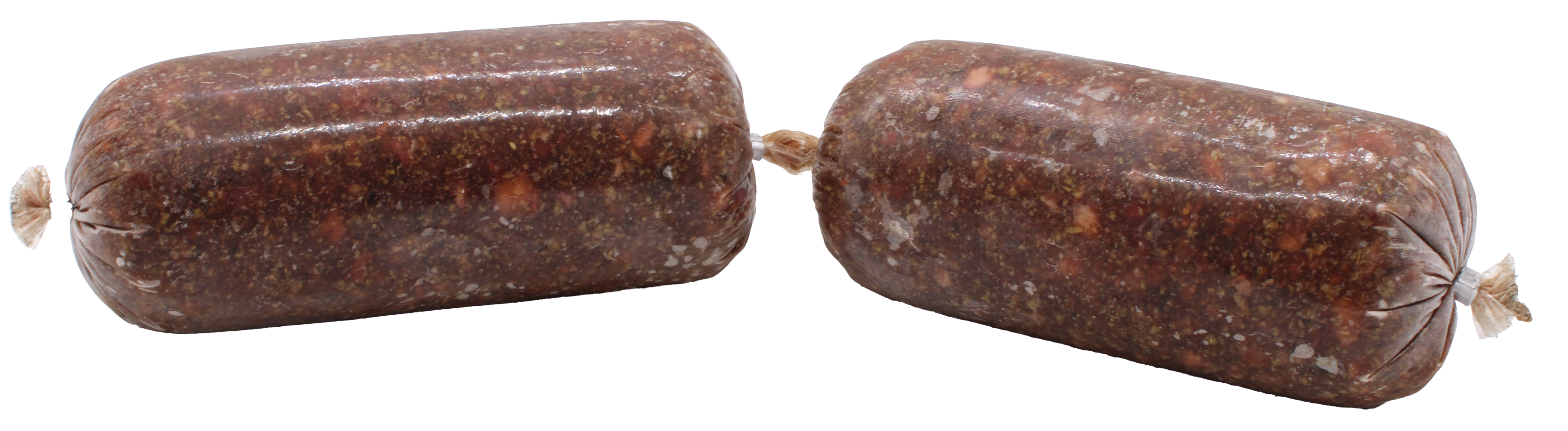 Zwei Frostfleischrollen ohne Etikett in durchsichtigem Kunstdarm. Die Füllung ist grob gewolft, mit dunkelrötlich-brauner Farbe und erkennbaren hellen sowie grünlichen Fleisch- und Pflanzenanteilen.
