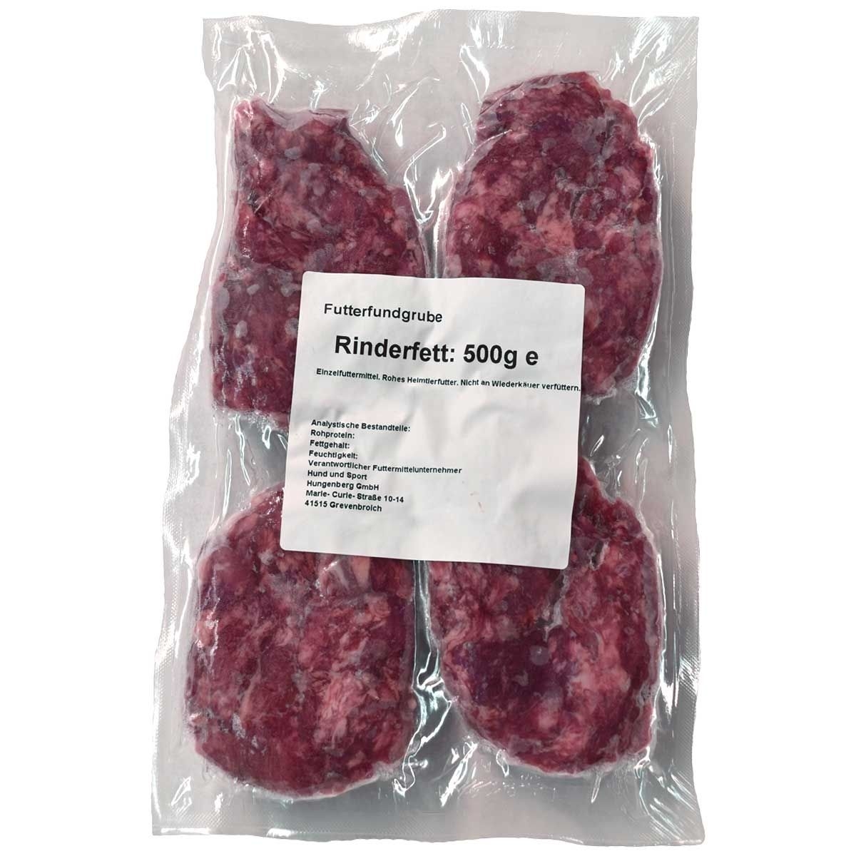 Eine Vakuumverpackung mit vier ovalen Rinderfettportionen. Die Füllung ist grob gewolft, überwiegend rosarot mit weißen Fettanteilen. Etikett mit Produktangabe sichtbar.