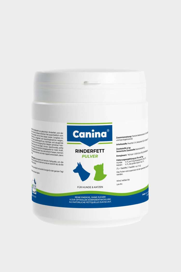 Weiße Dose mit blau-grüner Aufschrift „Canina WELPENMILCH – Für Hunde“. Text zu Anwendung, Zusammensetzung und Dosierung der Trockennährmilch für Welpen.