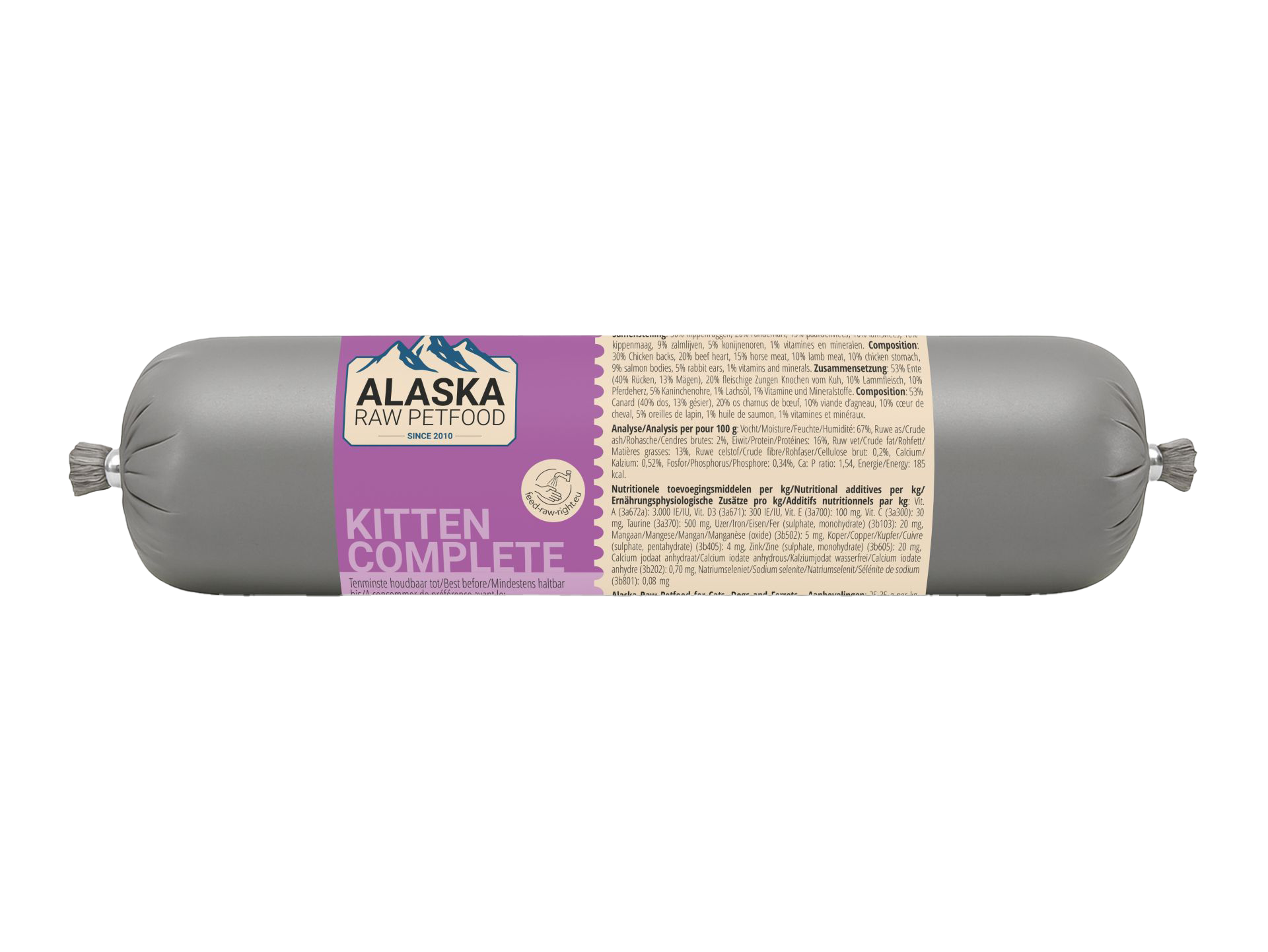 Eine kleine Frostfleischrolle mit violettem Etikett und der Aufschrift „Konijn“. Verpackt in einem grauen Kunstdarm. Die Füllung ist nicht sichtbar.