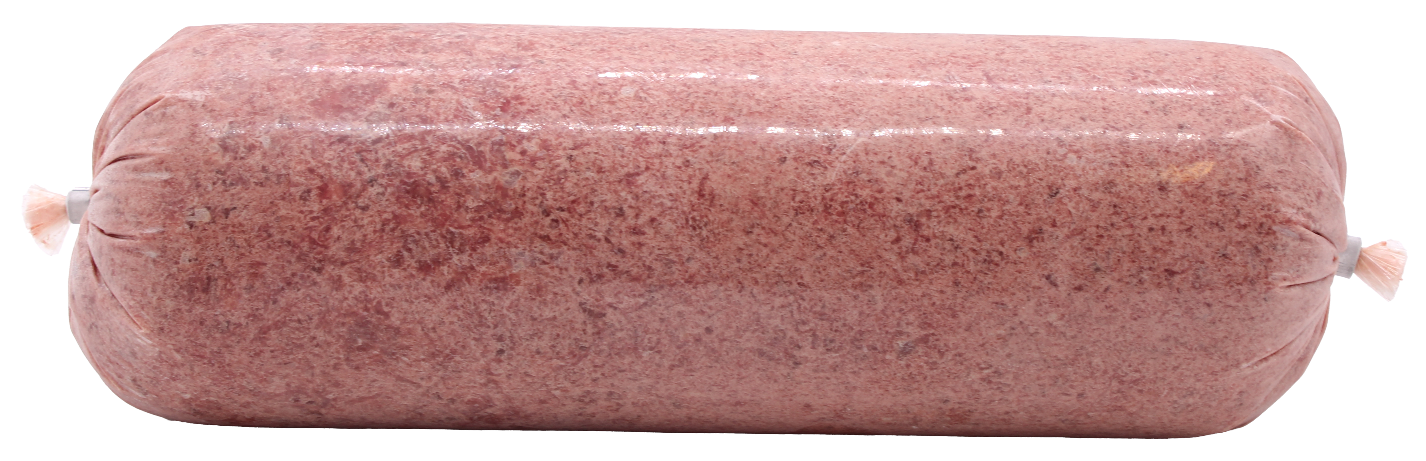 Eine Frostfleischrolle ohne Etikett, verpackt in einem durchsichtigen Kunstdarm. Die Füllung ist fein gewolft und zeigt eine gleichmäßig rosa bis hellrote Fleischmasse mit leicht marmorierter Struktur.